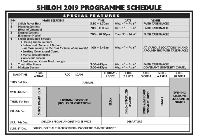 2019 Shiloh program and time table